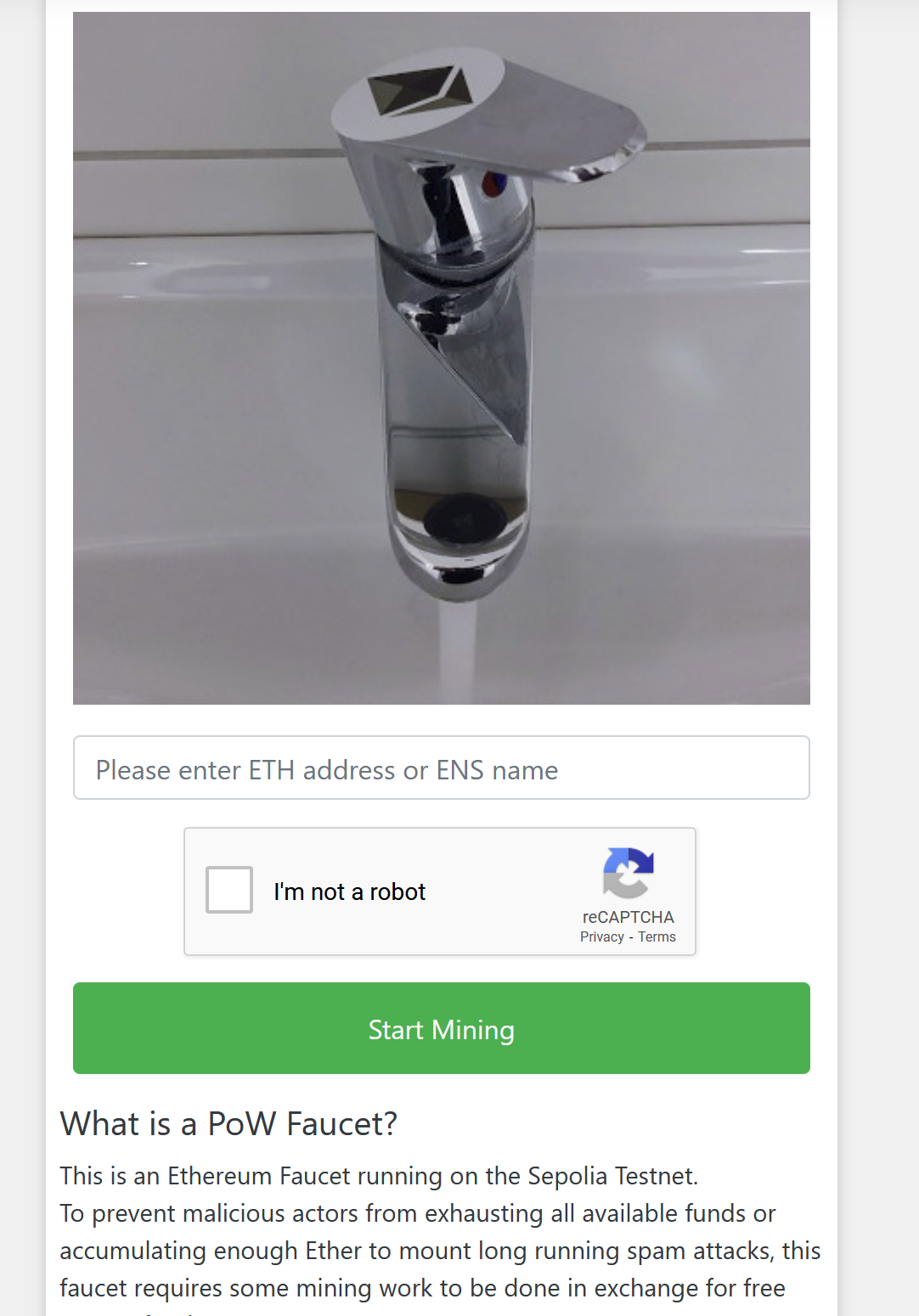 screenshot of the SepoliaETH faucet site