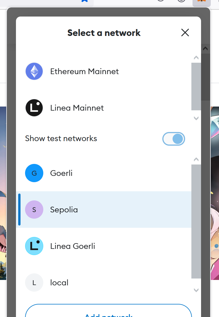 screenshot of the blockchain selection in Metamask